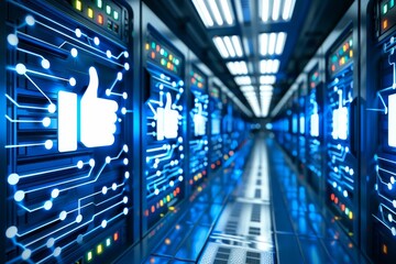 Social Network Data Center Rows of Servers Storing Likes, Big Data and Cloud Computing Concept.