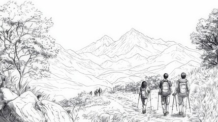 Obraz premium Enjoying the Scenic Mountain Trail in Black and White Illustration