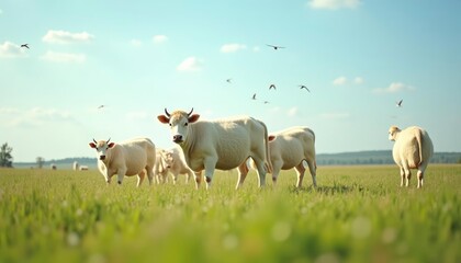 Serene White Cattle Grazing in Sunny Pastoral Field