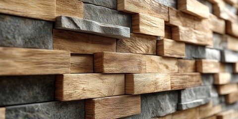Textured wall featuring a mix of wood and stone elements in a contemporary design
