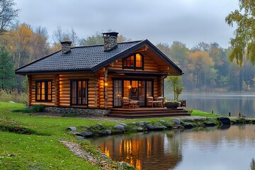 Obraz premium Cozy Log Cabin by the Lake at Dusk, Warm Lights Shining from Windows, Peaceful Autumn Landscape, Idyllic Countryside Retreat, Rustic Architecture, Tranquil Nature Setting