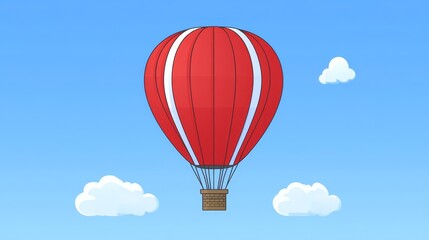 Obraz premium A vibrant red hot air balloon ascends against a clear blue sky, adorned with fluffy white clouds