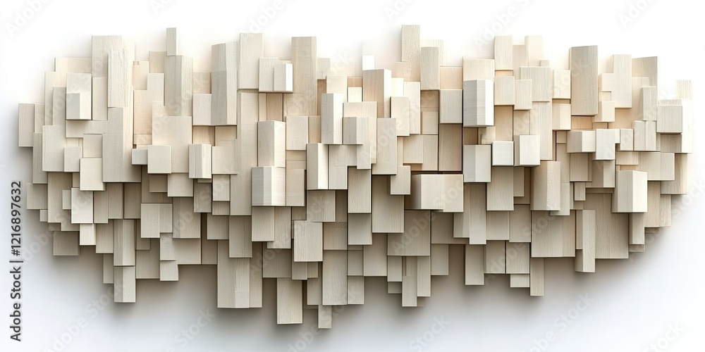 Poster modern abstract wall art installation made of interlocking wooden blocks in a light color scheme