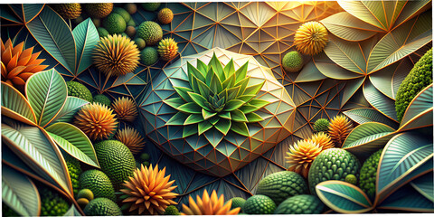 Obraz premium Geometric abstraction showcasing plant textures and forms in vibrant colors reminiscent of nature's design