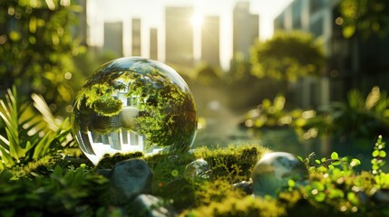 Tree enclosed in a glass globe with sunlight rays. A symbolic representation of environmental protection and sustainability. Ideal for eco-themed projects or green campaigns.