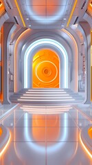 Naklejka premium Digital technology orange mecha style round stage poster background