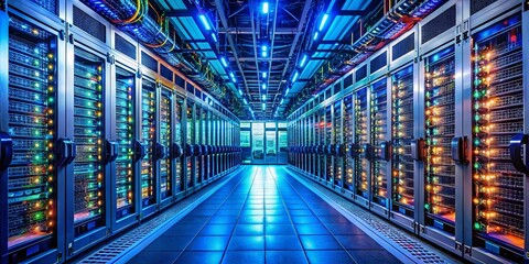 Fototapeta premium Data Center Server Room: Rows of Powerful Servers & Network Equipment in a Modern Facility