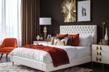 Elegant Modern Bedroom Decor With White Bed And Orange Accents