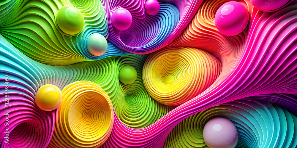 Poster vibrant abstraction wallpaper with flowing patterns and colorful spheres creates an energetic and en