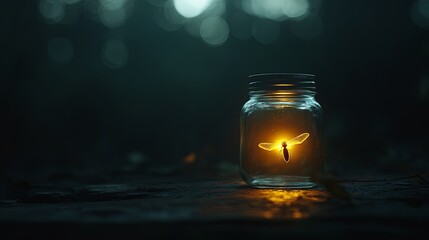A lone firefly glowing softly in a clear glass jar against a dark backdrop picture