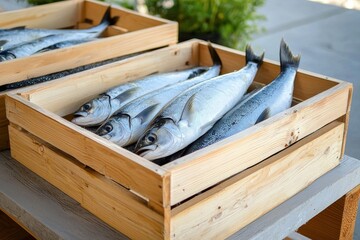 Freshly Caught Fish Displayed in Wooden Crates at Market