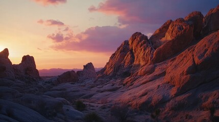 Fototapeta premium Desert landscape at sunset with vibrant colors and rocky formations at golden hour