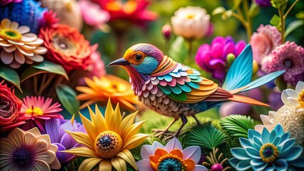 Fototapeta premium Delicate Paper Bird Amongst Paper Flowers: Artistic Garden Still Life