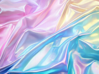 Fototapeta premium Soft pastel holographic fabric with rainbow iridescent effect, creating dreamy and vibrant texture.