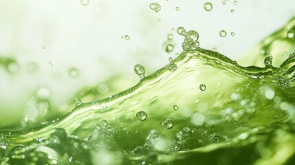 Close-up of green liquid with bubbles floating. Macro texture with fresh and transparent design, ideal for eco, beauty, or skincare projects. Clean and modern concept.