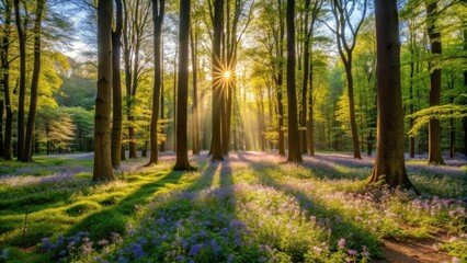 Naklejka premium A peaceful forest glade bathed in warm spring light, with wildflowers blooming amidst the underbrush, and tall trees casting dappled shadows on the forest floor, sunlight, spring