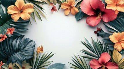 Tropical flowers frame, white background, summer design, greeting card