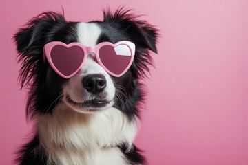 Playful border collie wearing heart-shaped sunglasses against a pink background on a bright sunny day