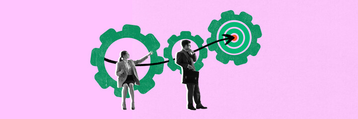 Modern art collage. Young business people cooperating against pink background with mechanical gears and arrow pointing to target. Concept of business, cooperation, partnership, finance. Ad