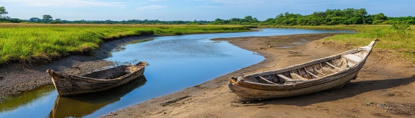 drought disaster preparedness concept. Serene river scene with boats resting on the bank amidst lush greenery.