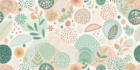 Soft and gentle abstract background with various shapes and botanical elements in a pastel color palette