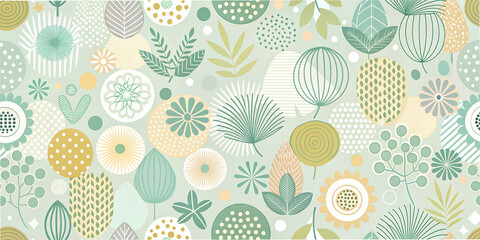 Gentle abstract wallpaper featuring geometric shapes and botanical elements in soothing pastel colors