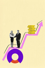 Modern art collage. Business people shake hands on upward graph near gold coins, symbolizing successful partnership, financial growth. Concept of business cooperation, development. Ad