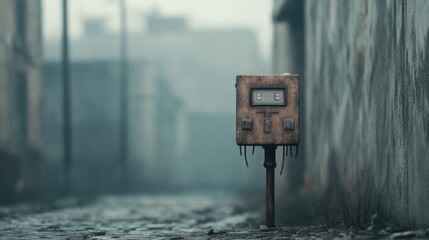Rusty vintage box standing alone on a cobblestone street in a foggy urban environment