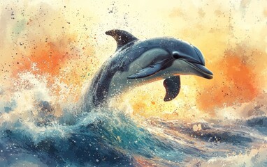 Obraz premium Dolphin Jumping Out of Ocean Waves During a Scenic Sunset