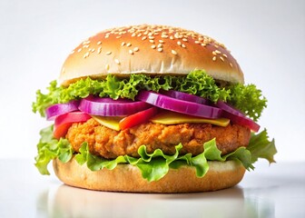 Delicious Chicken Burger, Minimalist Food Photography, Isolated on White