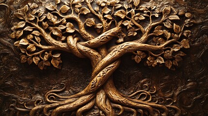 Intricate Wooden Tree Carving on Dark Background