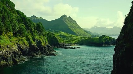Lush green island cove, ocean view, tranquil beach, sunny day, travel brochure