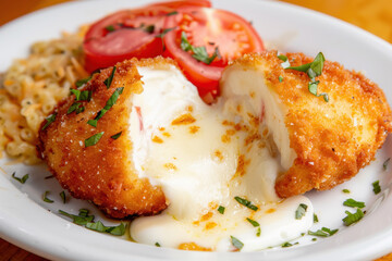 A golden, crispy fried cheese ball with a gooey melted center, served with fresh tomatoes and pasta on a white plate, creating a rich and indulgent comfort food dish.  
