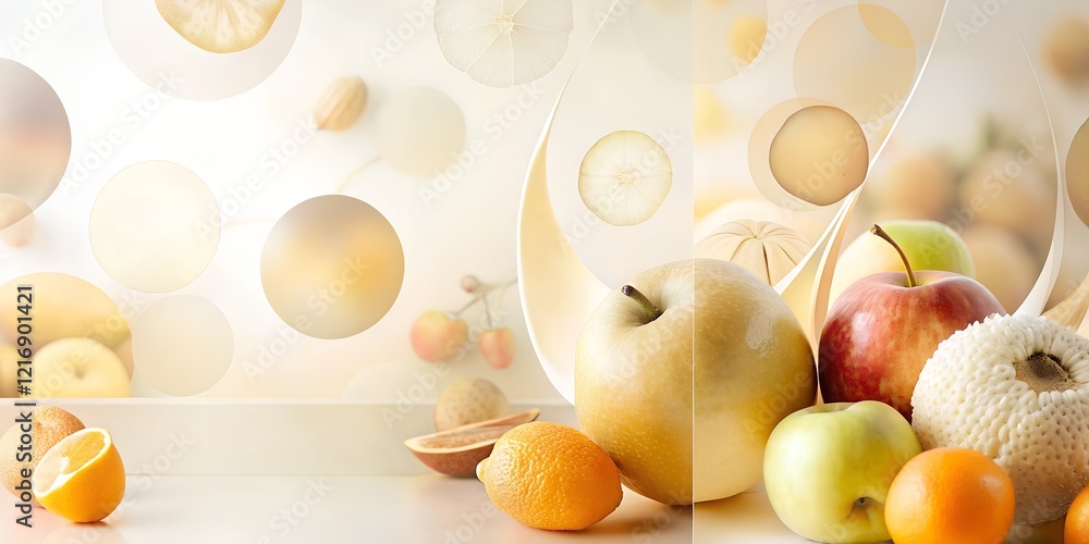 Poster abstraction of fruits in subtle beige color tones showcasing a blend of varieties placed on a softly