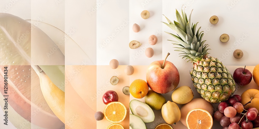 Poster combination of abstract fruits in beige tones displaying a variety of textures and colors arranged a
