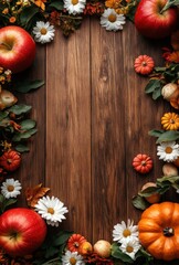 Fototapeta premium Autumn Harvest Celebration with Red Apples, Colorful Pumpkins, and Fresh Flowers Framing a Rustic Wooden Background for Seasonal Decor and Thanksgiving Themes