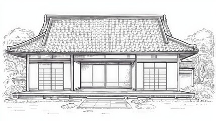 Traditional Japanese House Outline with Detailed Architectural Features