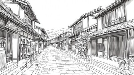 Naklejka premium Serene Traditional Street Scene in Japanese Village with Mountains