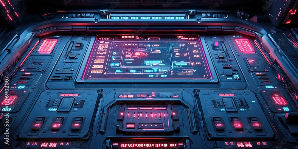 Poster futuristic control panel with glowing blue and pink interfaces in a high-tech environment