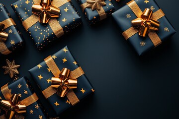 Beautifully wrapped black and gold gifts arranged on a dark surface for a festive celebration