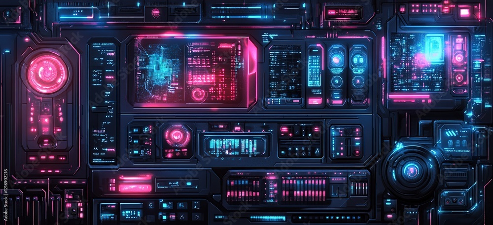 Poster futuristic control panel with vibrant lights and digital screens in a high-tech setting