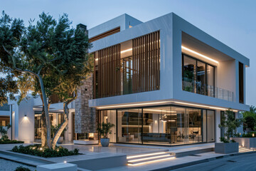 Fototapeta premium Luxurious modern house with large glass windows, wooden accents, and sleek lighting, surrounded by trees and landscaping, illuminated at twilight