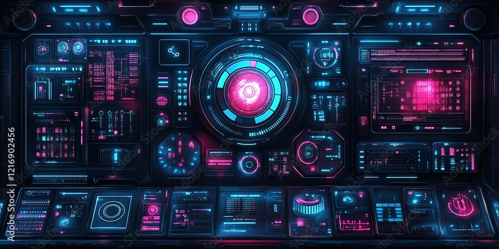 Poster futuristic interface display with neon colors and data visuals in a high-tech environment