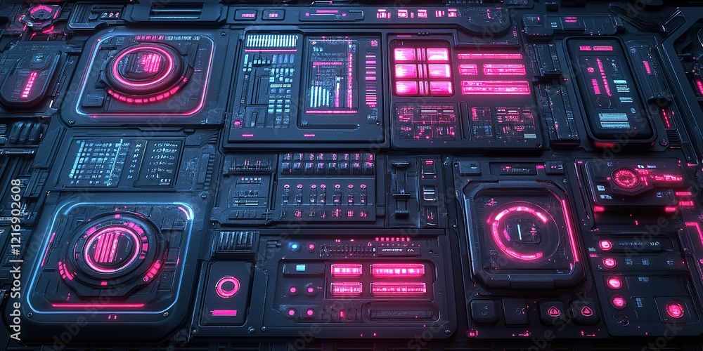 Poster futuristic control panel with glowing interfaces and intricate designs illuminated in pink and blue 