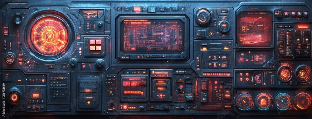 Poster control panel with glowing lights and intricate buttons showcases advanced technology in a futuristi