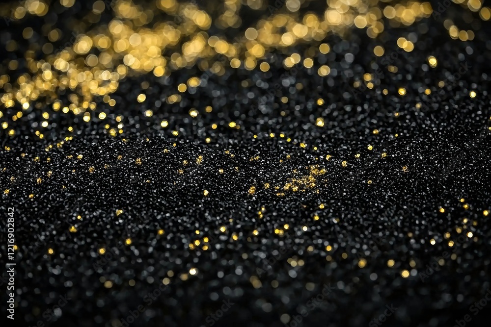 Poster bokeh sparkles of golden glitter form a dark abstract background overlay