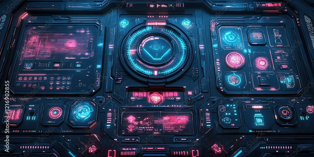 Poster futuristic control panel showcasing advanced technology and user interface design in a sci-fi enviro