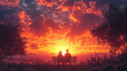 A couple sitting on a bench, gazing at the sunset together, with their hands intertwined, conveying love and connection, in warm tones of orange, pink, and purple
