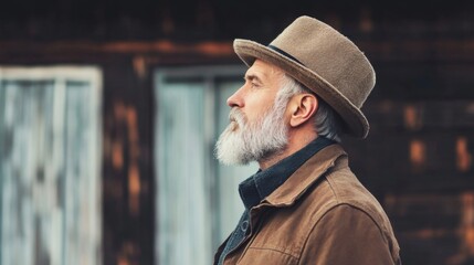 Thoughtful elderly man in a hat gazing upward near a rustic wooden cabin, serene atmosphere
