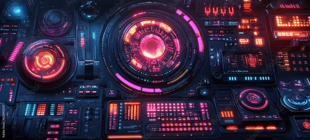 Poster futuristic control panel with glowing elements and vibrant colors in a digital environment